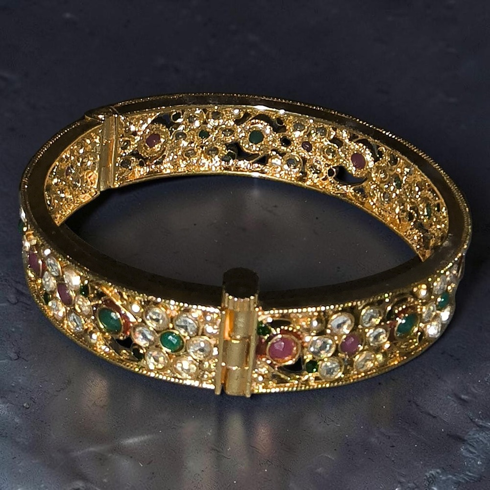 Vintage Indian Kada Jeweled Gold Tone Hinged Bangle Screw Clasp